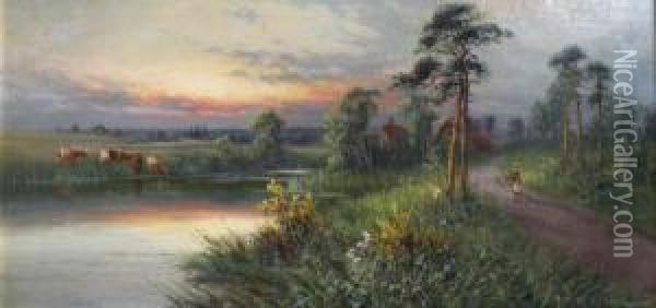 River Landscape With Cattle Watering At Sunset Oil Painting - Sidney Yates Johnson