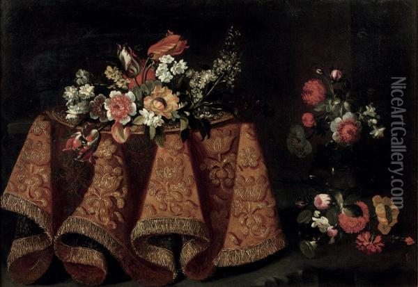 Tulips, Poppies And Various Other Flowers On A Gold Plate On Atable With A Gold Embroidered Cloth, Together With Other Flowersnearby Oil Painting - Antonio Gianlisi The Younger