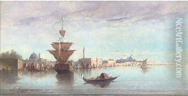 Vessels on the Venetian Lagoon, a capriccio Oil Painting - Louis Mayer