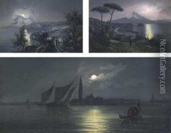 Sorrento By Moon; Bay Of Naples By Moon; And Isola Di San Giorgio, Venice By Moon Oil Painting - Girolamo Gianni
