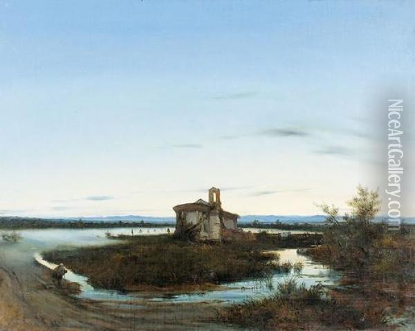 Abendliche Partie Mit Kapelle Im Moor. Oil Painting - Giovanni Corvini
