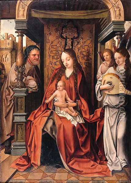 The Virgin and Child enthroned with Saint Joseph and music-making Angels Oil Painting - School Of Antwerp