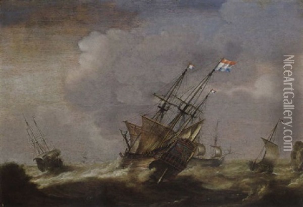 A Dutch Man-o-war And Other Ships In Stormy Seas Oil Painting - Jacob Gerritz Loef