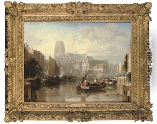 View Of The Grote Kerk, Rotterdam, With Figures And Boats In The Foreground Oil Painting - Augustus Wall (Sir.) Callcott