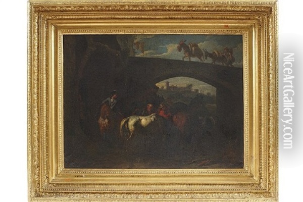 Figures And Horses Under A Low Viaduct By A Forge Oil Painting - Pieter van Bloemen
