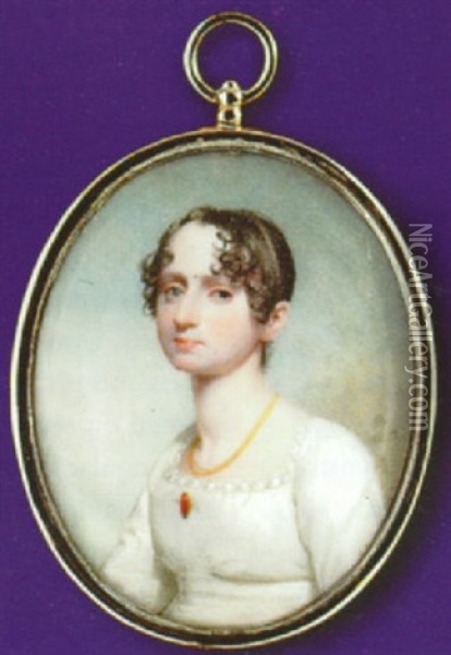 A Fine Portrait Of A Young Lady, Wearing White Dress, Gold Necklace And Red Brooch At Her Corsage Oil Painting - Andrew Robertson