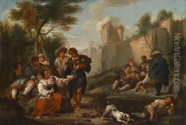 Peasants Resting Outside The Walls Of Aruined City Oil Painting - Dirk Theodoor Helmbreker