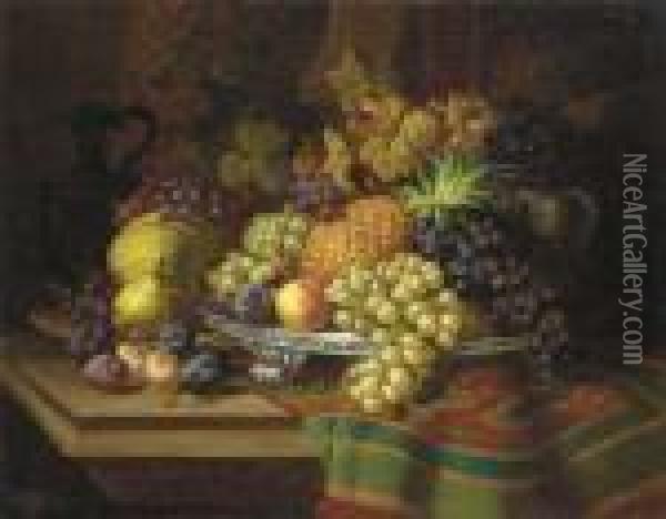 Pineapples, Grapes, Plums And Pears On A Silver Tray With A Jar On A Draped Wooden Ledge Oil Painting - Charles Thomas Bale