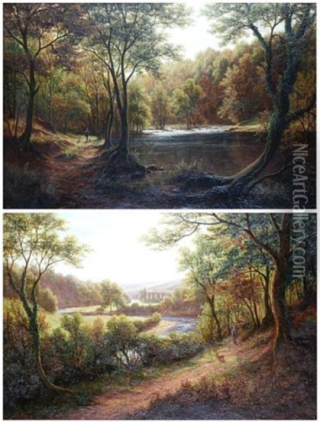 River Wharfe At Bolton Abbey (+ On The Wharfe Bolton Woods; Pair) Oil Painting - William Mellor