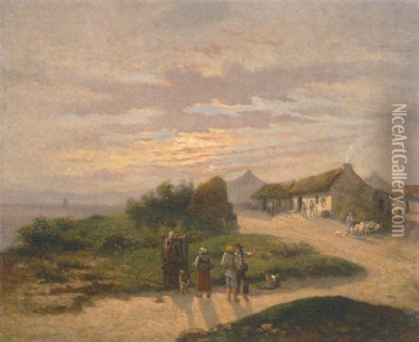 Abendliche Uferlandschaft Mit Dorfszenerie Oil Painting - Gustave Cesaire Garaud