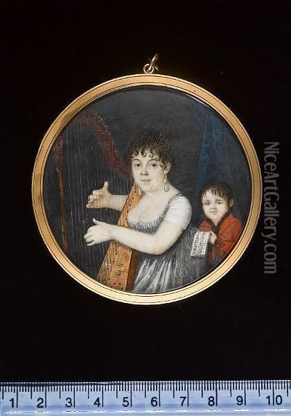 A Lady, Wearing Decollete Grey Dress With White Sleeves, Drop Pearl Earrings, Her Hair Upswept, Playing A Harp, Her Son Beside Her, Wearing Red Jacket, Grey Waistcoat, Black Chemise, Holding Sheet Music, With Blue Curtain In Background. Oil Painting - Charles Le Chevalier Dechateaubourg