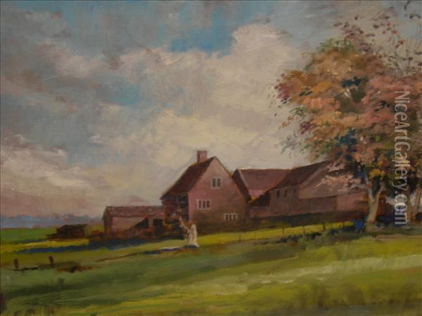 Farm With Trees Inblossom Oil Painting - John Heseltine