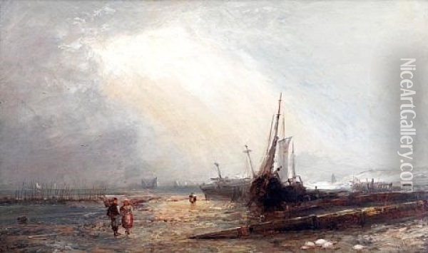 Shore Scene With Beached Fishing Boats And Figures Oil Painting - Alfred Pollentine