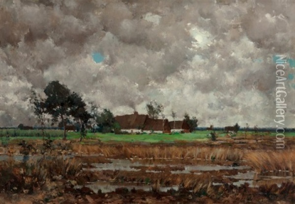 Farmhouses Near A River Oil Painting - Jules Dupre