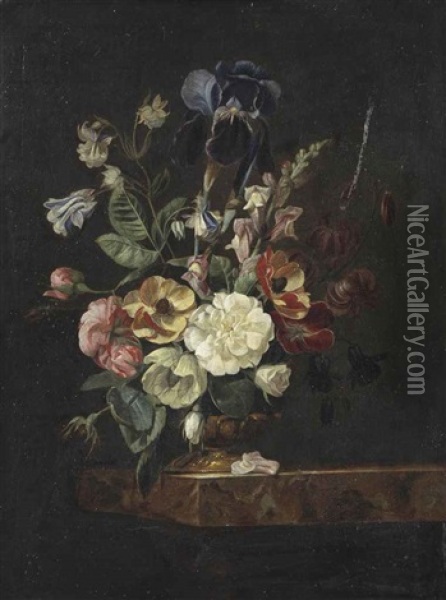 Carnations, Blue Morning Glory, Peony, Irises And Various Other Flowers In A Golden Vase On A Marble Ledge Oil Painting - Jacques Samuel Bernard