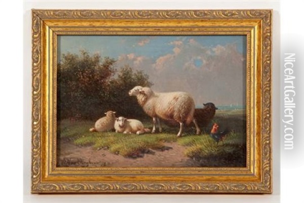 Family Of Sheep And A Rooster Oil Painting - Joseph Van Dieghem