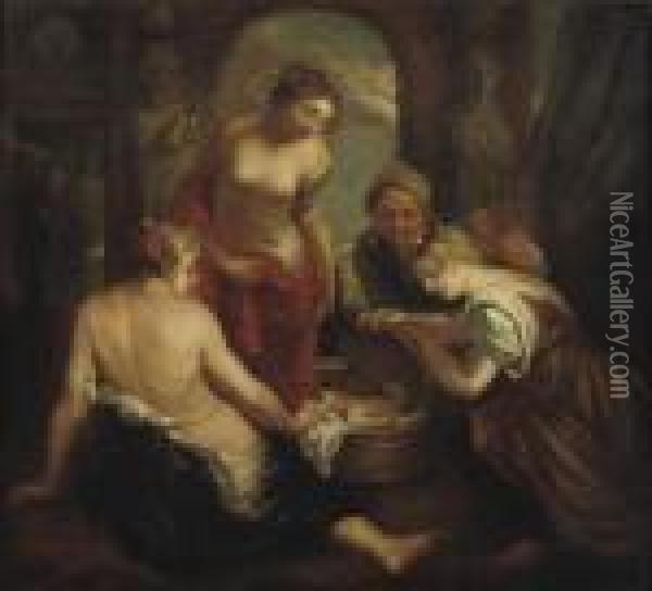The Daughters Of Cecrops Discovering Erichtonius Oil Painting - Peter Paul Rubens