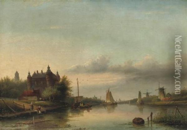 A Dutch River Landscape With A Castle By The Water-front Oil Painting - Jan Jacob Coenraad Spohler