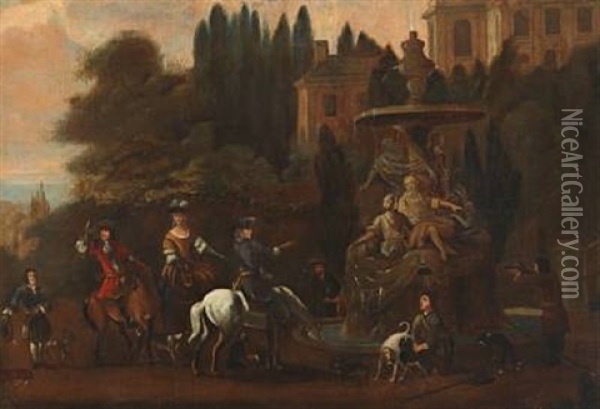 A Hunting Party Resting Near A Roman Fountain Oil Painting - Jan van Huchtenburg