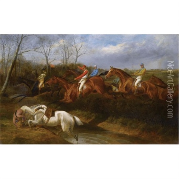 Jockeys Jumping The Ditch Oil Painting - John Sturgess