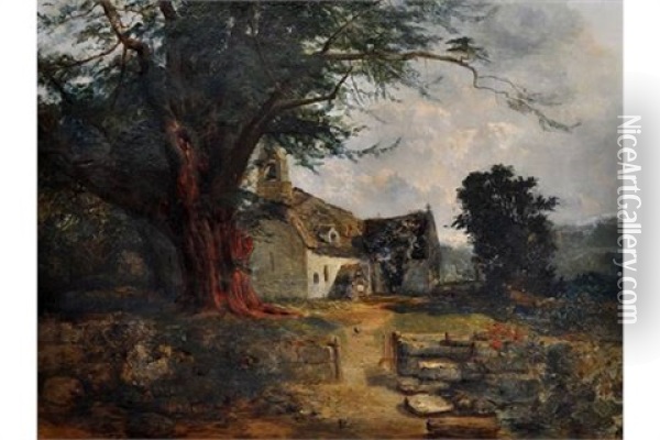 A Rural Church Oil Painting - John Wright Oakes
