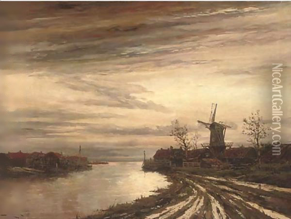 A Dutch canal town at dusk Oil Painting - Hermanus Jr. Koekkoek