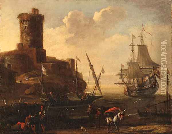 A Mediterranean Port Oil Painting - Adrian van der Cabel