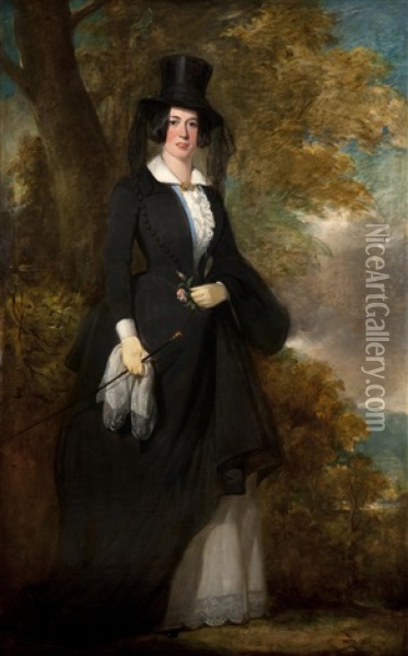 Portrait Of An Elegant Lady In Riding Habit, Standing By A Parkland Tree Oil Painting - Sir Francis Grant