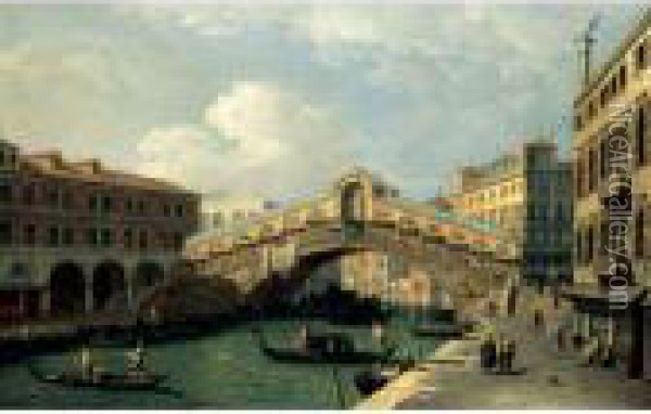 Venice, A View Of The Rialto Bridge Oil Painting - (Giovanni Antonio Canal) Canaletto
