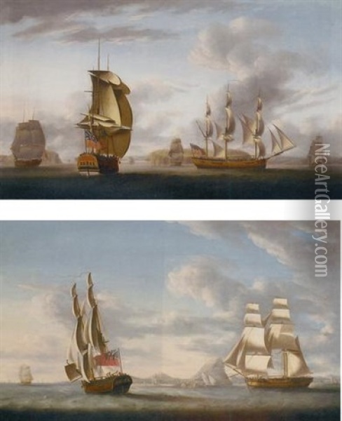 A Merchant Brig In Two Positions Off Gibraltar With Spanish Xebecs Inshore Oil Painting - Robert Dodd