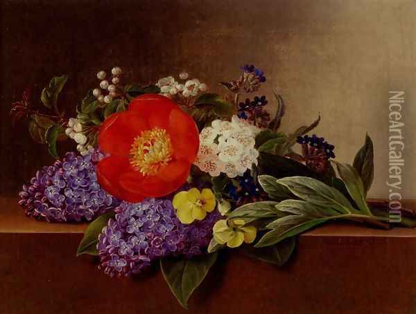 Lilacs, Violets, Pansies, Hawthorn Cuttings, And Peonies On A Marble Ledge Oil Painting - Johan Laurentz Jensen