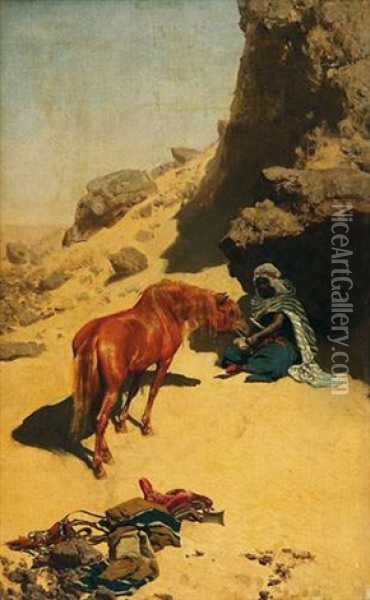 Le Ravitaillement, Nomade Et Cheval Arabe Dans Le Desert Oil Painting - Robert Poetzelberger