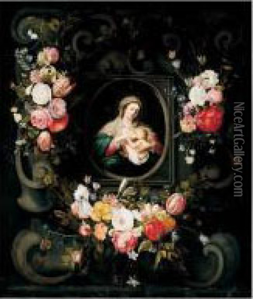 Swags Of Flowers Decorating A Stone Cartouche With The Virgin And Child Oil Painting - Daniel Seghers
