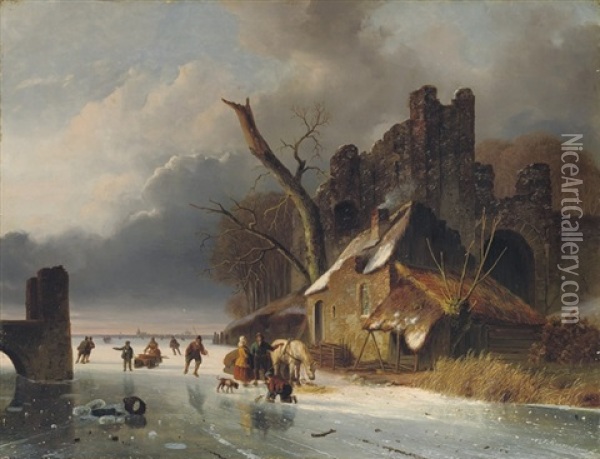 Townspeople On The Ice By A Ruin Oil Painting - Nicolaas Johannes Roosenboom