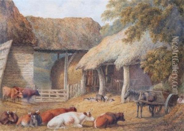 The Rickyard With Cattle & Sheep Oil Painting - Robert Hills