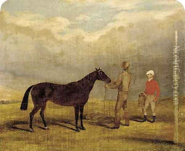 A brown racehorse with jockey and groom Oil Painting - English School