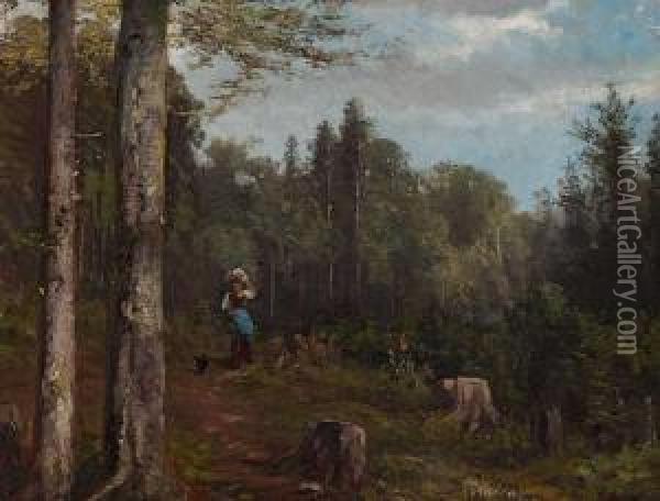 Bauerin Mit Hund Auf Dem Waldweg Oil Painting - Ludwig Gustav Voltz