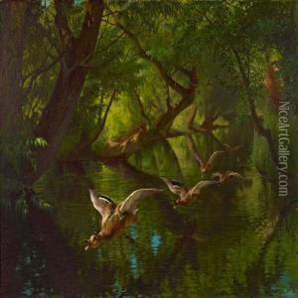Flying Ducks At Ariver Oil Painting - Adolf Henrik Mackeprang