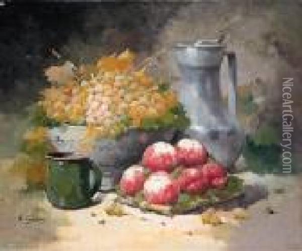 Grapes In A Bowl With Peaches And A Pewter Jug Oil Painting - Eugene Henri Cauchois