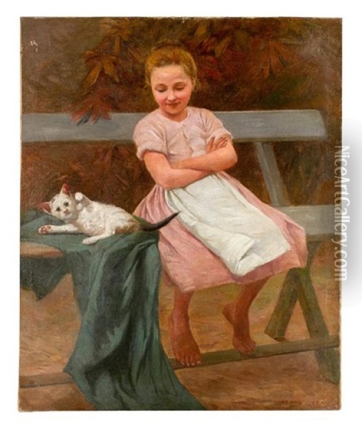 Girl With Cat Sitting On A Bench Oil Painting - Geza Peske