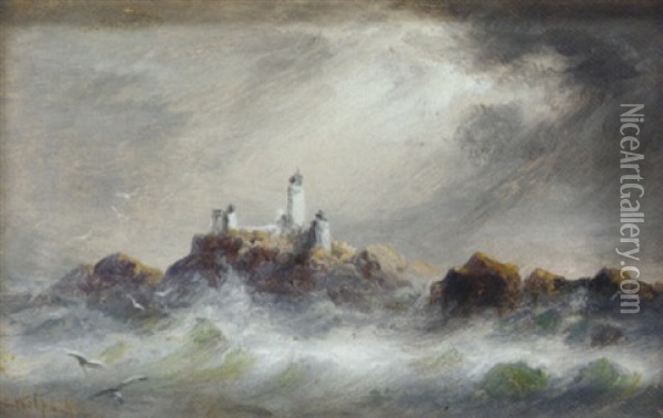 A Channel Island Lighthouse (la Corbiere?) Oil Painting - Sarah Louise Kilpack