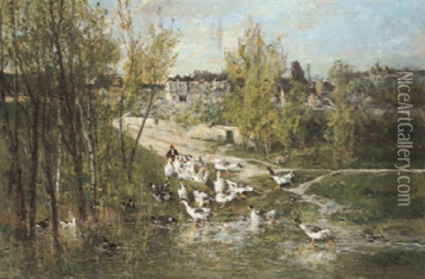Le Bain Des Oies Et Des Canards Oil Painting - Alexandre Defaux