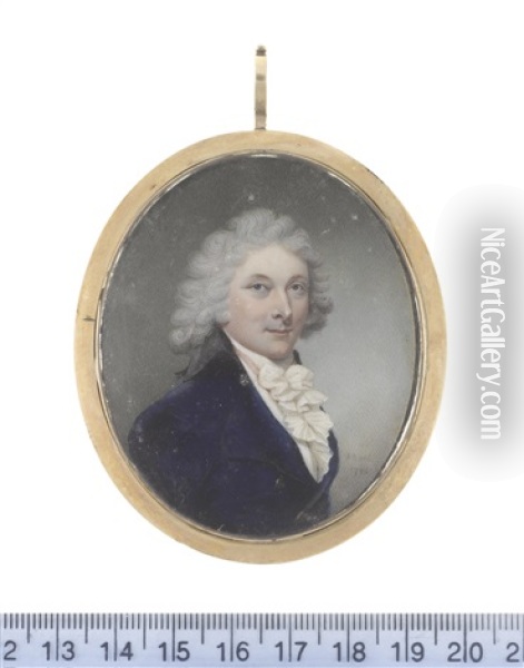 A Gentleman, Wearing Double-breasted Blue Coat With Black Collar, Pale Pink Solitaire, White Waistcoat, Frilled Chemise, Stock And Cravat, His Wig Powdered And Tied With A Black Ribbon Bow Oil Painting - Sampson Towgood Roch