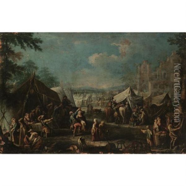 A Military Encampment Beside Some Ruins With Figures Dancing And Making Merry In The Foreground Oil Painting - Pietro Domenico Oliviero
