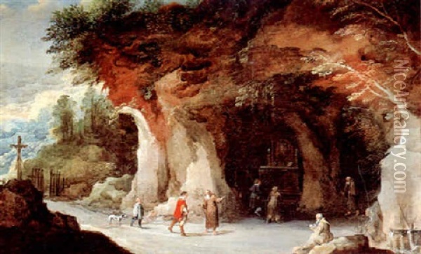 A Mountainous Landscape With A Grotto, Pilgrims And Monks Oil Painting - Joos de Momper the Younger