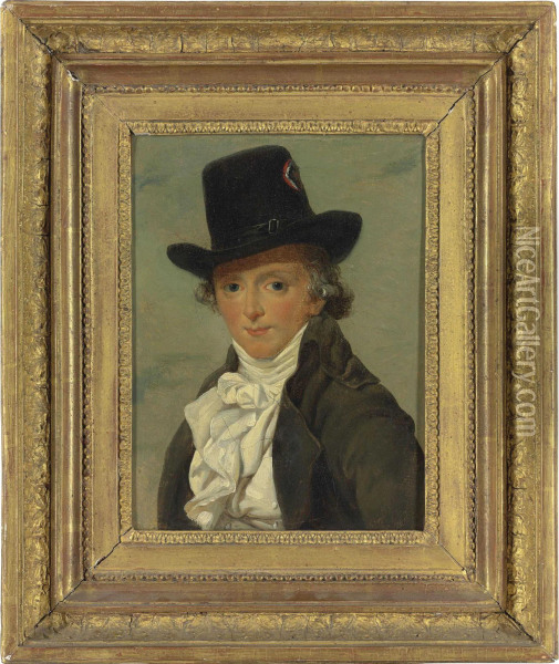 Portrait Of Pierre Seriziat, The
 Artist's Brother-in-law, Bust-length, In A Hat With A Tricolour 
Cockade, A Black Coat And White Stock Oil Painting - Jacques Louis David