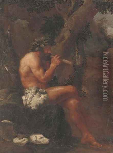 Pan playing his pipes in a wooded clearing Oil Painting - Pier Francesco Mola