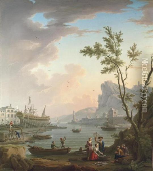 A Mountainous Coastal Landscape With Fishermen On A Bank, A Boat Being Built And A Town Beyond Oil Painting - Philippe Rey