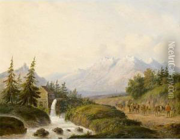 Travellers In A Mountainous Landscape Oil Painting - Carl Eduard Ahrendts