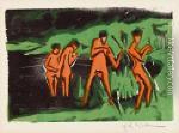 Mit Schilf Werfende Badende Oil Painting - Ernst Ludwig Kirchner